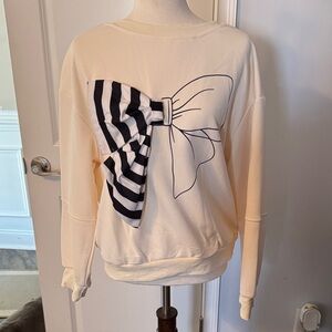 SHEIN Cream Crewneck Sweatshirt with Black & White Striped Bow